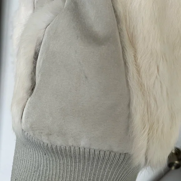 Mixit Vintage sz L cream/ taupe Y2K Real Rabbit Fur & Leather Bomber Jacket - Picture 12 of 15
